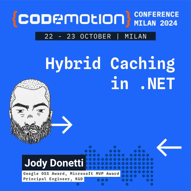 jodydonetti's tweet image. @CodemotionIT will be next week 🚀

My session on Hybrid Caching will be on the 22nd: all things caching, why hybrid caches are the sweet spot for any app, from small to huge.

We&apos;ll see both FusionCache and the new HybridCache from Microsoft.

See you there!

#CodemotionMilan24