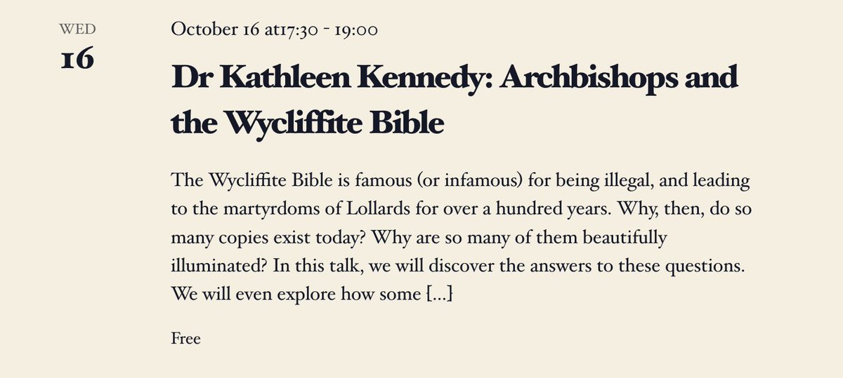 History event tomorrrow! 

Kathleen Kennedy, on 'Archbishops and the Wycliffite Bible' at <a href="/lampallib/">LambethPalaceLibrary</a> 

Location: Lambeth Palace Library, 15 Lambeth Palace Road, London, SE1 7JT
Date: Wednesday 16 October, 17:30
More information and booking here.