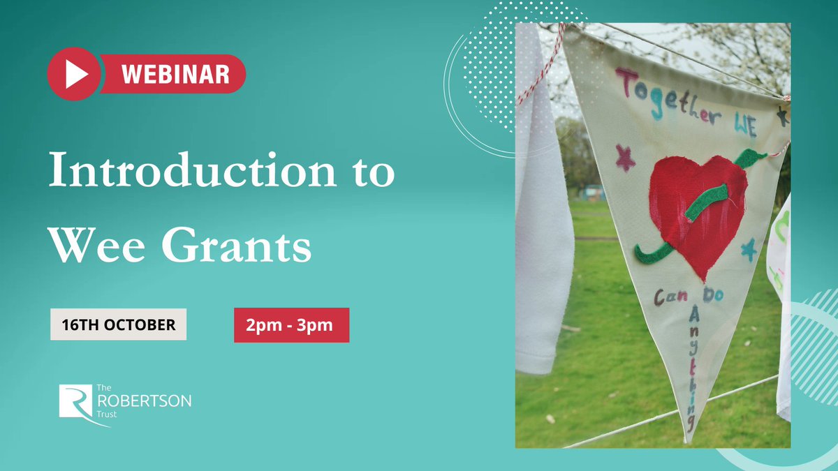 WEBINAR Join us tomorrow afternoon as we provide an introduction to our new look Wee Grants.

Our Wee Grants offer funding of up to £5K for constituted community groups and charities in #Scotland with an annual income of less than £30K.

Book your space👇

bit.ly/4dMXqq5