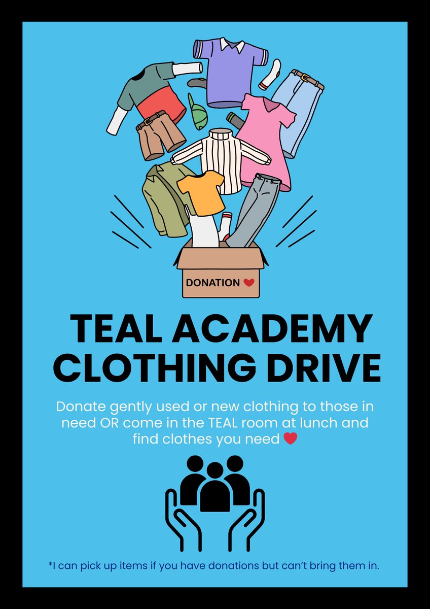 Ms. Travis π¦π©πΌβπ«π (@mstravisteal) on Twitter photo π©΅π TEAL Academy clothing drive to help support our friends in need!! If anyone has clothes, toiletries or gift cards Iβm happy to pick them up or they can be dropped off to AHS π¦ #community π©΅π TEAL Academy clothing drive to help support our friends in need!! If anyone has clothes, toiletries or gift cards Iβm happy to pick them up or they can be dropped off to AHS π¦ #community