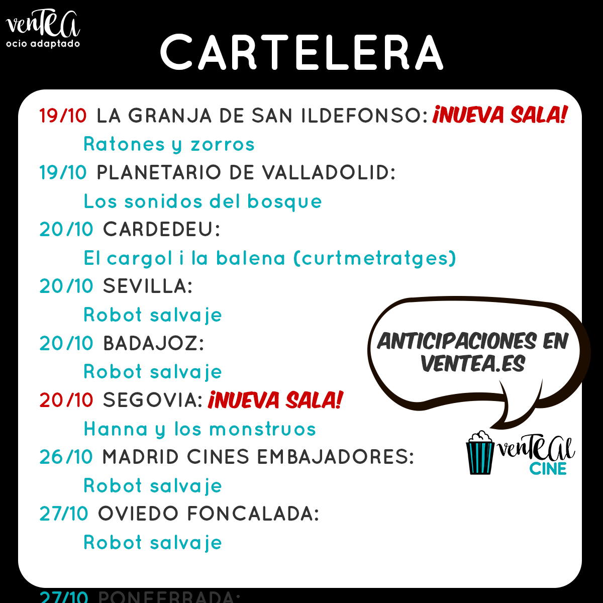 ¡Este fin de semana viene hasta arriba de cine! #ventealcine 
Info y anticipaciones en ventea.es/cartelera