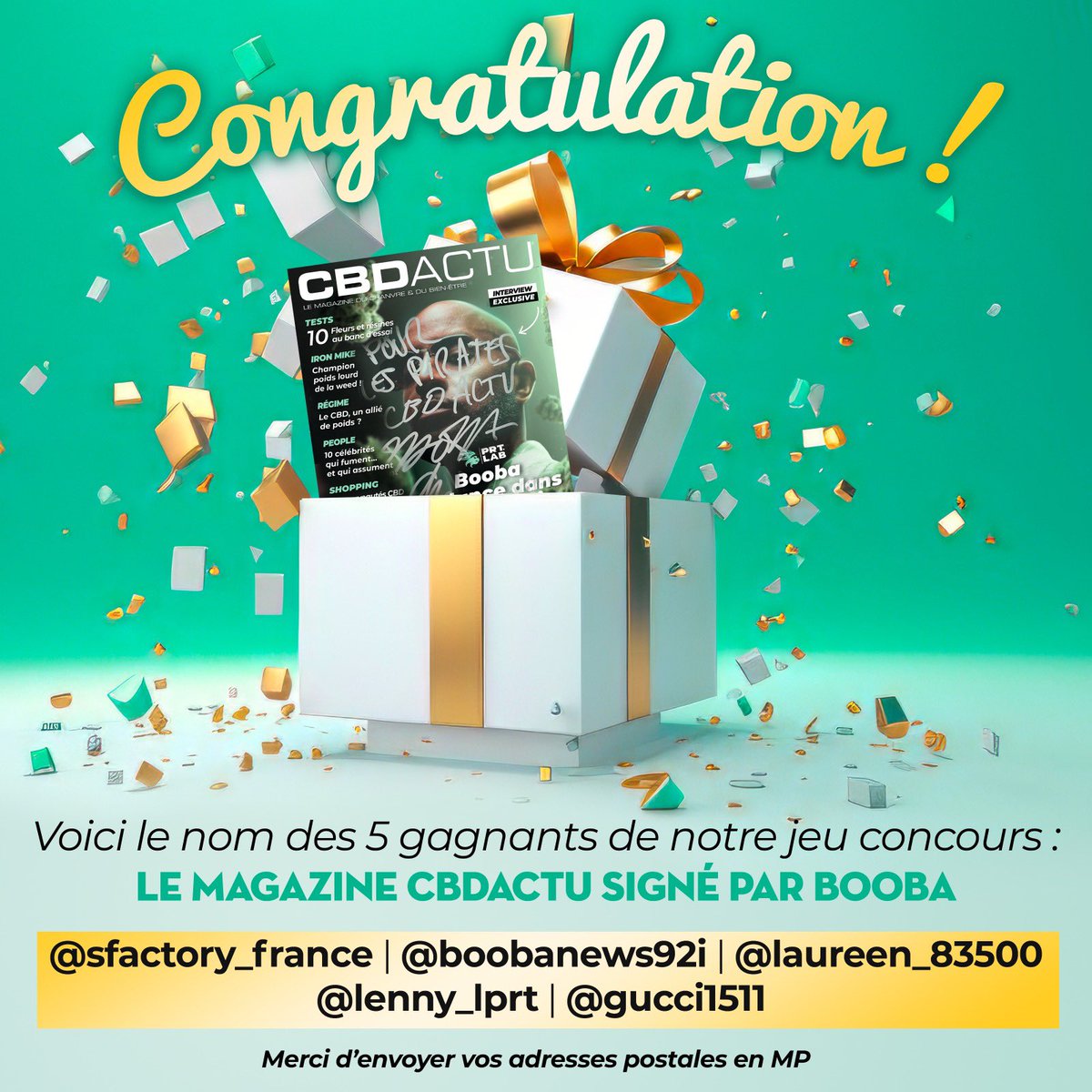 🙋🏻‍♂️🚀Voici les résultats du concours « cbdactu signé par booba a gagner » merci à tous pour votre participation ..pour les gagnants merci d’envoyer votre adresse postale en MP 🍾merci @booba