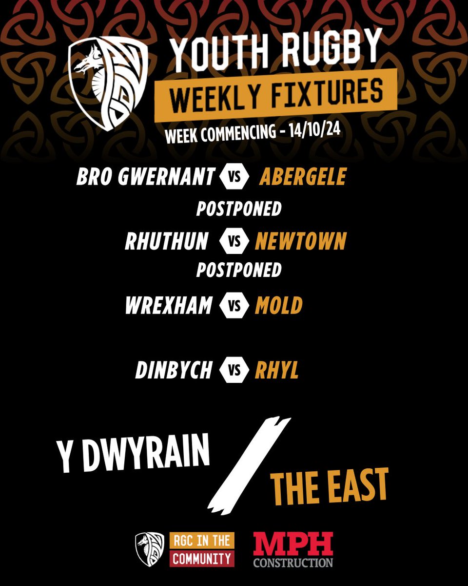 Cymuned RGC Community (@rgccymuned) on Twitter photo 🔥YOUTH FIXTURES/GEMAU IEUENCTID🔥
Dyma’r Gemau fydd yn digwydd yr wythnos yma yn Gogledd Dwyrain Cymru 🏴
Diolch I <a href="/mph_northwales/">MPH Construction</a> am Noddi y flwyddyn yma ❤️🏴🏉 🔥YOUTH FIXTURES/GEMAU IEUENCTID🔥
Dyma’r Gemau fydd yn digwydd yr wythnos yma yn Gogledd Dwyrain Cymru 🏴
Diolch I <a href="/mph_northwales/">MPH Construction</a> am Noddi y flwyddyn yma ❤️🏴🏉
