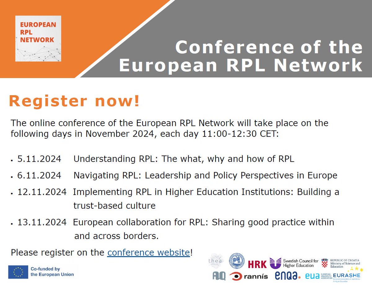 EUA (@euatweets) on Twitter photo 📣 Registration for the online conference of the European RPL Network is now open!
EUA's <a href="/h_peterbauer/">Helene Peterbauer</a> will moderate day 2 of the conference, dedicated to "Navigating RPL: Leadership and Policy Perspectives in Europe"on 6 November.
Learn more at bit.ly/4dIwE1S 📣 Registration for the online conference of the European RPL Network is now open!
EUA's <a href="/h_peterbauer/">Helene Peterbauer</a> will moderate day 2 of the conference, dedicated to "Navigating RPL: Leadership and Policy Perspectives in Europe"on 6 November.
Learn more at bit.ly/4dIwE1S