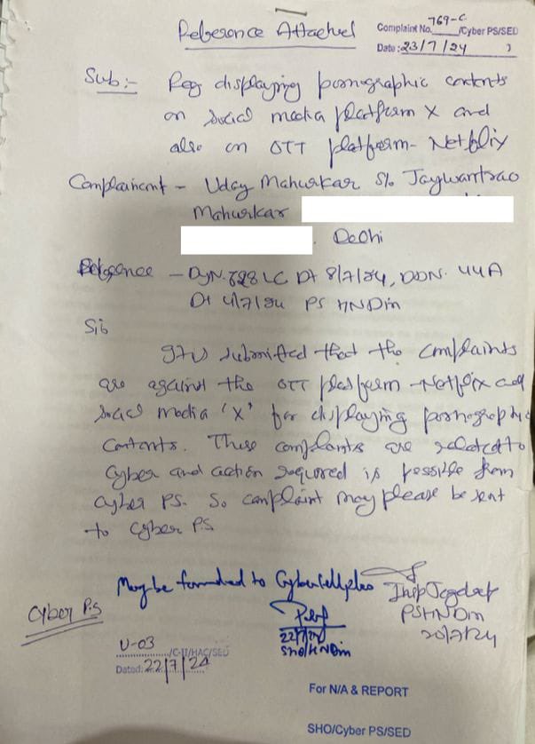 Delhi Police has refused to file FIRs against <a href="/NetflixIndia/">Netflix India</a> &amp; <a href="/XCorpIndia/">X India</a> on my complaints despite unimpeachable evidence as to how they are breaking 4 major Indian laws by shamelessly serving P0rnographic content. This is despite <a href="/CPDelhi/">CP Delhi #DilKiPolice</a> Sanjay Arora &amp; Delhi Police Vigilance