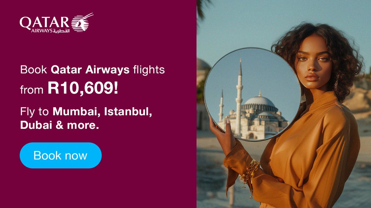 trendhubglobal's tweet photo. Discover the World with Qatar Airways! 🌍✈️
Book flights from just R10,609 to exciting destinations like Mumbai, Istanbul, Dubai, and more!
Don't miss out – Book Now! 🎟️ #QatarAirways #TravelMore #ExploreWorld https://t.co/HyCQvMmohF https://t.co/VijwmKnYhC