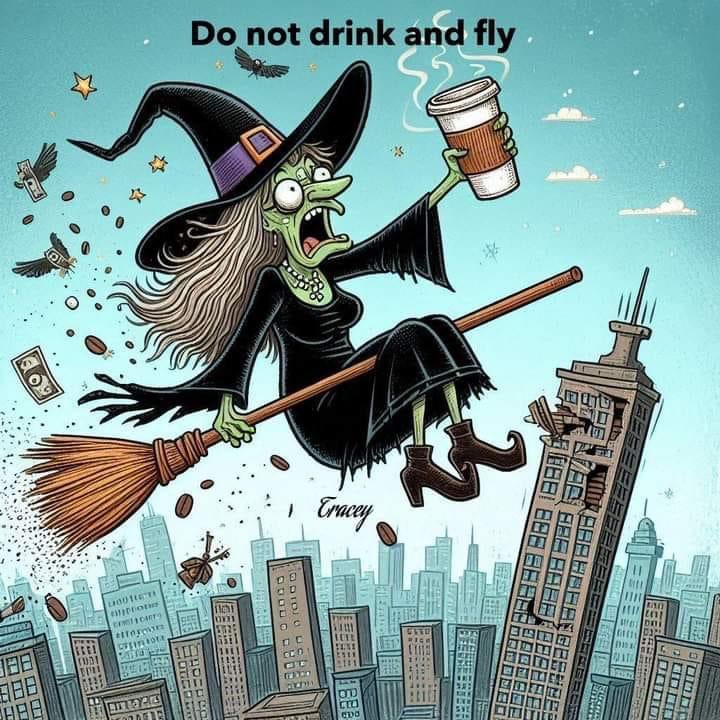 MDurnion's tweet photo. Both hands on the broom at all times!!!  Safety first witches!!! ☠️☕️☠️ #CoffeeLoversParadise #witchesride https://t.co/ZzYMc7Efwn