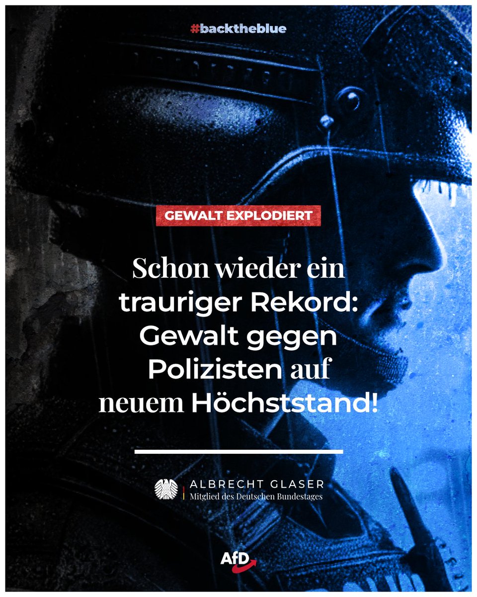 Albrecht Glaser, ehem. MdB (@glasermdb) on Twitter photo ⚠ Im Schnitt werden täglich 290 Polizisten angegriffen. Insgesamt: 106.296.
👉 Berichten zufolge geht der Anstieg der Gewalt fast ausschließlich auf nicht-deutsche Tatverdächtige zurück.
👮♂️Unsere Polizei braucht Rückendeckung – keine Rassismusvorwürfe.
#polizei #BackTheBlue ⚠ Im Schnitt werden täglich 290 Polizisten angegriffen. Insgesamt: 106.296.
👉 Berichten zufolge geht der Anstieg der Gewalt fast ausschließlich auf nicht-deutsche Tatverdächtige zurück.
👮♂️Unsere Polizei braucht Rückendeckung – keine Rassismusvorwürfe.
#polizei #BackTheBlue