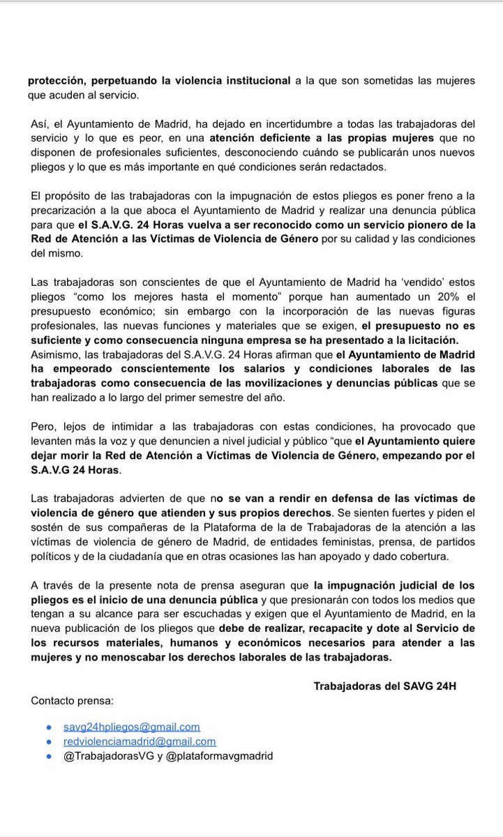 TrabajadorasVG's tweet photo. 🟣Las compañeras del SAVG 24H han impugnado los pliegos del Ayuntamiento de Madrid por precarizar el servicio más aún. Compartimos la nota de prensa explicando porqué han tomado esta decisión y cuál es la situación del servicio al quedar desierto el concurso.
#larednoSOStiene https://t.co/cbVFXUFhlU