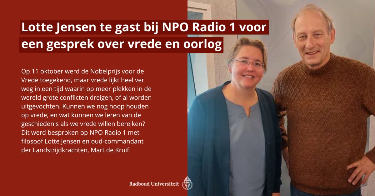 Faculty of Arts - Radboud University (@ru_letteren) on Twitter photo Benieuwd naar het gesprek over vrede en oorlog met Lotte Jensen (@lottejensen14) en Mart de Kruif (<a href="/GeneraalDeKruif/">Mart de Kruif</a>). Vind hier de opname van Spraakmakers op NPO Radio 1: bit.ly/48alkuf !📻 #vrede #oorlog #Nobelprijsvandevrede <a href="/nporadio1/">NPO Radio 1</a> <a href="/spraakmakersop1/">Spraakmakers | KRO-NCRV</a> <a href="/kroncrv/">KRO-NCRV</a> Benieuwd naar het gesprek over vrede en oorlog met Lotte Jensen (@lottejensen14) en Mart de Kruif (<a href="/GeneraalDeKruif/">Mart de Kruif</a>). Vind hier de opname van Spraakmakers op NPO Radio 1: bit.ly/48alkuf !📻 #vrede #oorlog #Nobelprijsvandevrede <a href="/nporadio1/">NPO Radio 1</a> <a href="/spraakmakersop1/">Spraakmakers | KRO-NCRV</a> <a href="/kroncrv/">KRO-NCRV</a>
