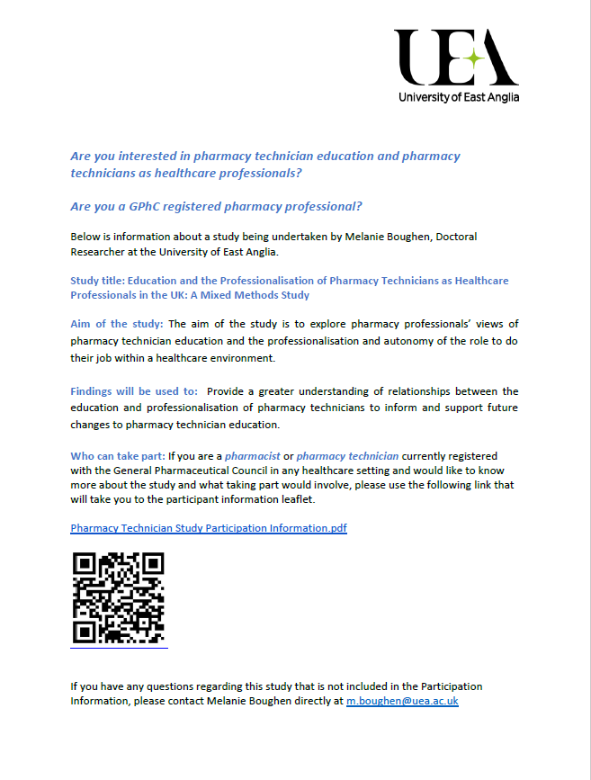 MelB_UEA's tweet photo. What better day than Pharmacy Technician Day to share the opportunity to contribute to my research on the professionalisation of pharmacy technicians!

https://t.co/xF7MV6UXjM https://t.co/qTZPSt09bp