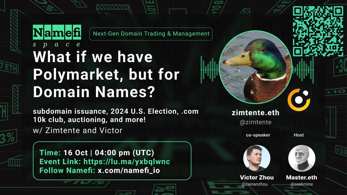 namefi_io's tweet photo. So what to expect from the upcoming NamefiSpace? 🤔

(Hint: Two BIG announcements from @namefi_io and @ensvision! 🥁🥁🥁) 

LUMA event link just incase your friend is interested too:  https://t.co/0uQrMliAeh

#Web3 #Domains #Subdomains #AstraLaunch #Election2024 #10kclub #dotcom #DomainNames #domainer