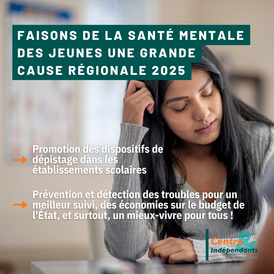 CentreNvlleAqui's tweet photo. 𝐒𝐚𝐧𝐭𝐞́ 𝐦𝐞𝐧𝐭𝐚𝐥𝐞 𝐝𝐞𝐬 𝐣𝐞𝐮𝐧𝐞𝐬, 𝐠𝐫𝐚𝐧𝐝𝐞 𝐜𝐚𝐮𝐬𝐞 𝐫𝐞́𝐠𝐢𝐨𝐧𝐚𝐥𝐞 𝐝𝐞 𝟐𝟎𝟐𝟓 !
La Région doit s'engager à promouvoir des dispositifs de dépistage ds les lycées &amp; à prévenir les troubles pr un meilleur suivi &amp; mieux-vivre pr ts.
#santémentale #jeunesse https://t.co/OrBoB4yHwl