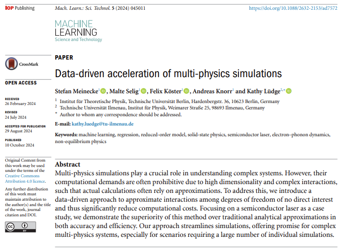 MLSTjournal's tweet photo. Great new work by Stefan Meinecke, Malte Selig, Felix Köster, Andreas Knorr and Kathy Lüdge @TUBerlin @TU_Ilmenau - '#Datadriven acceleration of multi-physics #simulations' - https://t.co/2vePLjgPFA #machinelearning #PINNs #complexsystems #statphys #lasers #AI #photonics https://t.co/If0PBexEUZ