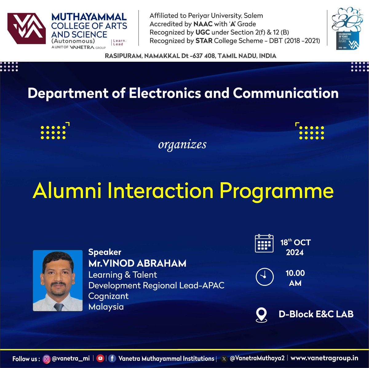 VanetraMuthaya2's tweet image. 🤝 Alumni Interaction - Department of E&amp;amp;C

The Department of Electronics &amp;amp; Communication is organizing an Alumni Interaction on 18.10.2024. 

#AlumniInteraction #ECDepartment #KnowledgeSharing #Inspiration #mcas #vanetra #vanetra_mi #alumni #students #collegestudents