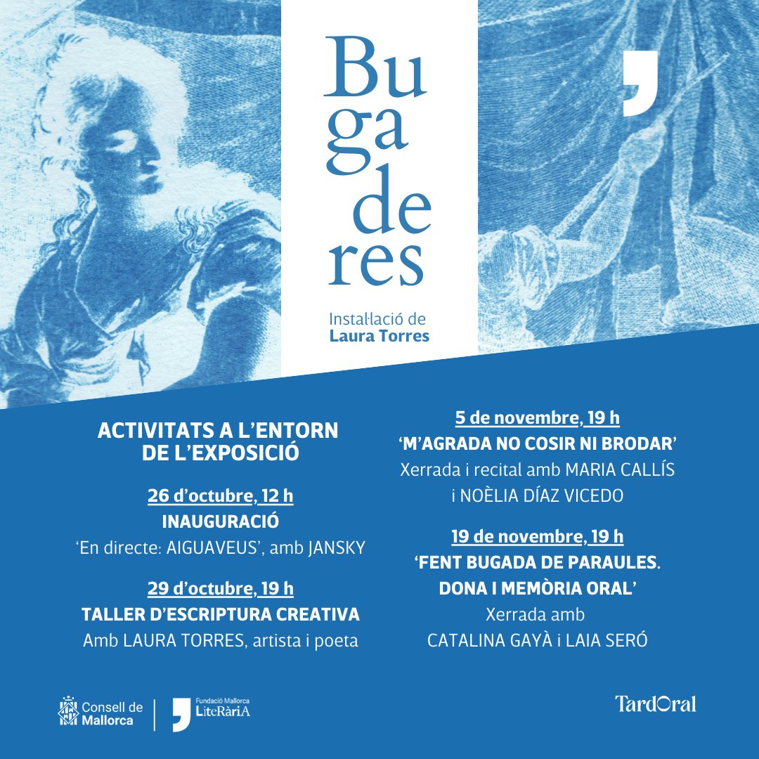 I per recuperar i estendre el xivarri d’aquelles veus, us proposam un programa d'activitats al voltant de la instal·lació 'Bugaderes', per acostar-nos-hi a través de la paraula poètica, la memòria oral i la creació artística.  

ℹ️🩵 mallorcaliteraria.cat/ca/fitxa-activ…