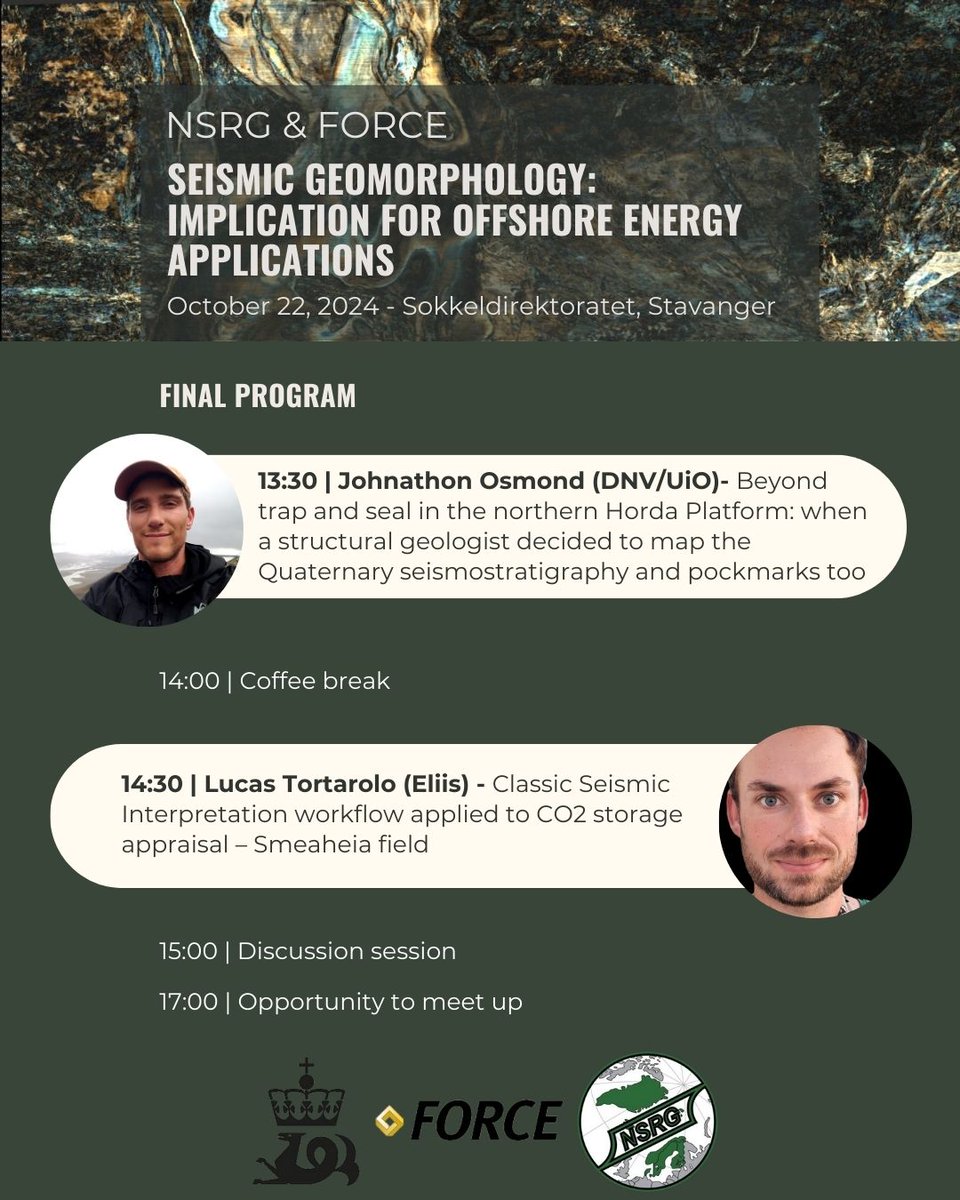 Final call to register for the NSRG &amp; FORCE Workshop "Seismic Geomorphology: Implications For Offshore Energy Applications"!

Join us for a full day of stimulating talks and thought-provoking discussions! 

More information and registration form at: sodir.no/en/force/event…