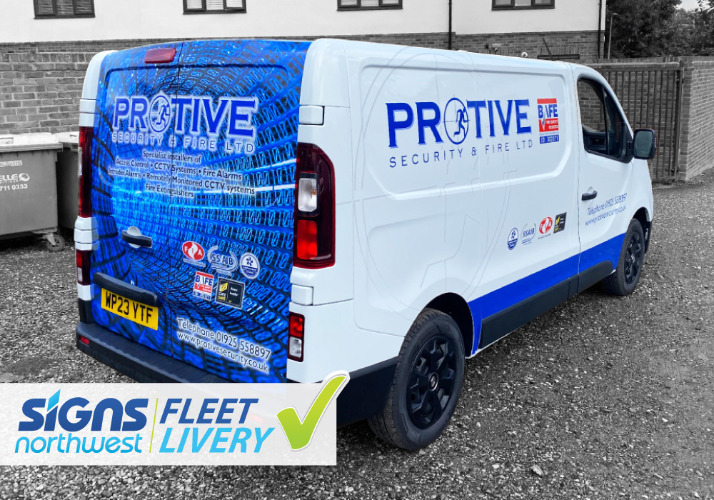 Protive fleet livery with wrapped back doors and cad-cut vinyl detail to sides and front. Contact us on 0161-776 0527 or enquiries@signsnw.co.uk for all your fleet livery requirements. #signsnorthwest #northwestsigns #vehiclegraphics #vansigns #vehiclewrapping #fleetlivery