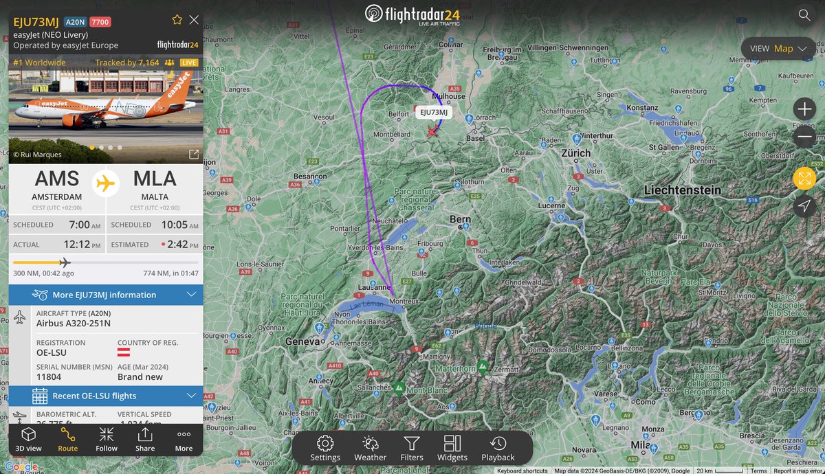 flightradar24's tweet photo. Originally bound for Malta (MLA), EJU17MJ is squawking 7700 north of Bern. Reason unknown. https://t.co/UEJfMzBmTW https://t.co/AutuUwDjfL