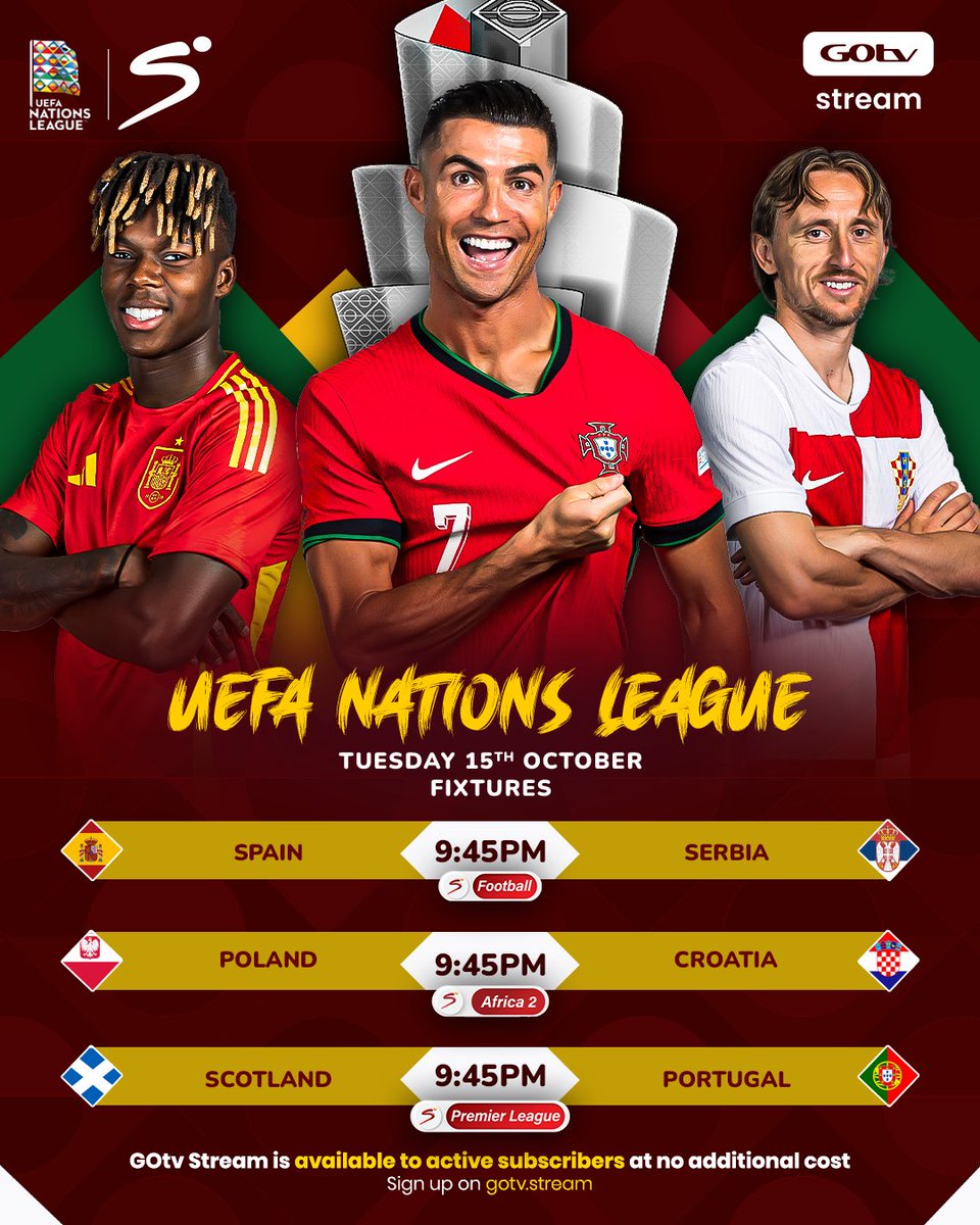 GOtvKenya_'s tweet photo. Usipitwe na some thrilling #UEFA Nations League actions za leo!🔥⚽
Tupee your Predictions hapo kwa Comments👇
✅#ESPSER
✅#POLCRO
✅#SCOPOR
Stream your GOtv, anywhere at no additional cost.
Sign up to GOtv Stream here https://t.co/CoYcD1UGEp
#BeshteYakoWaFootah #GOtv #UNL https://t.co/bmqMmUcuZs