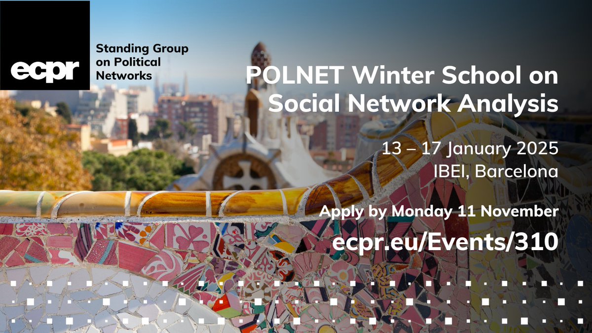 European Consortium for Political Research (@ecpr) on Twitter photo ✅ Attending <a href="/politicalnets/">PoliticalNets ECPR</a> Winter School on Social Network Analysis?
🎓 Delivered by renowned experts 👉 <a href="/cbravuna/">Carlos D. Bravo Laguna (@cbravuna.bsky.social)</a> @MelNagel1 <a href="/lukas_lehotsky/">Lukáš Lehotský</a>, Volker Schneider, Jürgen Lerner, Mario Diani & Eva Fernandez Guzman Grassi
📆 13–17 Jan <a href="/IBEI/">Institut Barcelona d'Estudis Internacionals</a>
⏳ Apply by 11 Nov ecpr.eu/Events/310 ✅ Attending <a href="/politicalnets/">PoliticalNets ECPR</a> Winter School on Social Network Analysis?
🎓 Delivered by renowned experts 👉 <a href="/cbravuna/">Carlos D. Bravo Laguna (@cbravuna.bsky.social)</a> @MelNagel1 <a href="/lukas_lehotsky/">Lukáš Lehotský</a>, Volker Schneider, Jürgen Lerner, Mario Diani & Eva Fernandez Guzman Grassi
📆 13–17 Jan <a href="/IBEI/">Institut Barcelona d'Estudis Internacionals</a>
⏳ Apply by 11 Nov ecpr.eu/Events/310
