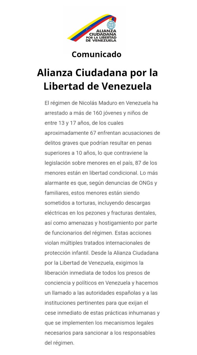 Desde Alianza Ciudadana por la Libertad de #Venezuela, exigimos el cese inmediato de las torturas físicas y psicológicas a menores secuestrados por el régimen de Maduro, así como la liberación inmediata de todos los presos de conciencia y políticos
#VenezolanosEnMadrid
#15Octubre