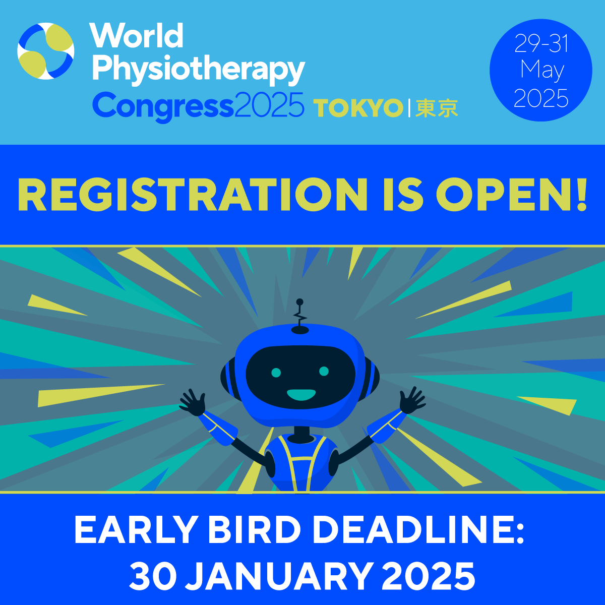 World Physiotherapy (@worldphysio1951) on Twitter photo Register for #WorldPhysio2025 before 30 Jan 2025 to benefit from early bird fees. A bursary programme for people from some countries/territories will open in Oct 2024
Find out more: ow.ly/YNR150TjVO9
<a href="/AWcpta/">Africa region of World Physiotherapy</a> <a href="/WorldPhysioAWP/">WorldPhysioAWP</a> <a href="/ERWorldPhysio/">Europe Region of World Physiotherapy 🇪🇺</a> <a href="/WorldPhysioNACR/">World Physiotherapy NAC</a> <a href="/WorldPhysioSAR/">World Physiotherapy SAR</a> Register for #WorldPhysio2025 before 30 Jan 2025 to benefit from early bird fees. A bursary programme for people from some countries/territories will open in Oct 2024
Find out more: ow.ly/YNR150TjVO9
<a href="/AWcpta/">Africa region of World Physiotherapy</a> <a href="/WorldPhysioAWP/">WorldPhysioAWP</a> <a href="/ERWorldPhysio/">Europe Region of World Physiotherapy 🇪🇺</a> <a href="/WorldPhysioNACR/">World Physiotherapy NAC</a> <a href="/WorldPhysioSAR/">World Physiotherapy SAR</a>