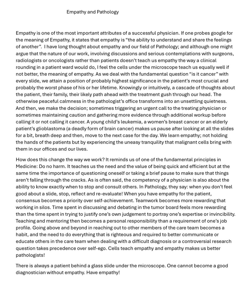 Empathy is considered one of the most important attributes of a successful physician. How do we learn empathy working behind the lens of the microscope? And what change it brings within us? My thoughts 👇#PathEd