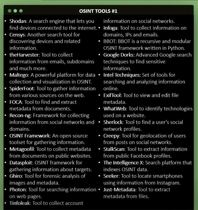 wsp_old's tweet photo. OSINT Tools and usage purposes of them.

#BugBounty #CyberSecurity #EthicalHacking #InfoSec #VulnerabilityDisclosure #PenTesting #RedTeam #BlueTeam #ZeroDay https://t.co/m8QgaAlquU