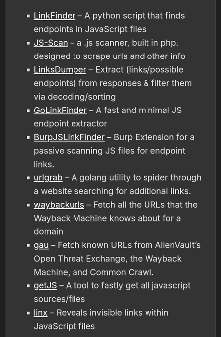 wsp_old's tweet photo. Some useful tools to find out endpoints to check more detail to find out bugs.

#BugBounty #CyberSecurity #EthicalHacking #InfoSec #VulnerabilityDisclosure #PenTesting #RedTeam #BlueTeam #ZeroDay https://t.co/c9DGUJUsmn