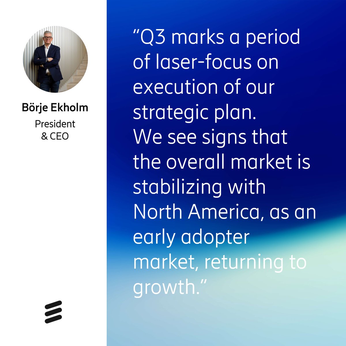 Borje_Ekholm's tweet image. Q3 highlights include increased momentum in programmable networks, a joint venture securing global #NetworkAPI supply, and a new #5G patent licensing agreement signed.
Read our full report for more insights:
m.eric.sn/MEWy50TLwEg