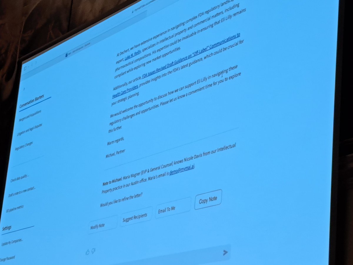 An example of what MyMai offers for its users, illustrating his earlier explanation and guidance on the use of the tool by law firms. A lively discussion ensues.