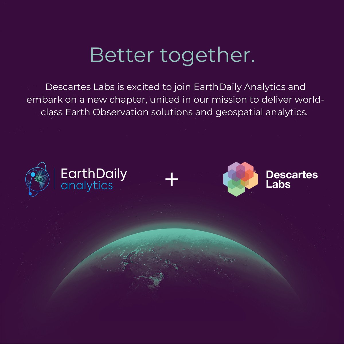 EarthDaily (formerly Descartes Labs) (@descarteslabs) on Twitter photo Press Release | Descartes Labs + EarthDaily Analytics
We’re thrilled to announce that Descartes Labs has been acquired by <a href="/EarthDailyA/">EarthDaily Analytics</a>. This exciting new milestone in our journey will allow us to leverage the strengths of both organizations.
Learn more: hubs.ly/Q02TplJ50 Press Release | Descartes Labs + EarthDaily Analytics
We’re thrilled to announce that Descartes Labs has been acquired by <a href="/EarthDailyA/">EarthDaily Analytics</a>. This exciting new milestone in our journey will allow us to leverage the strengths of both organizations.
Learn more: hubs.ly/Q02TplJ50
