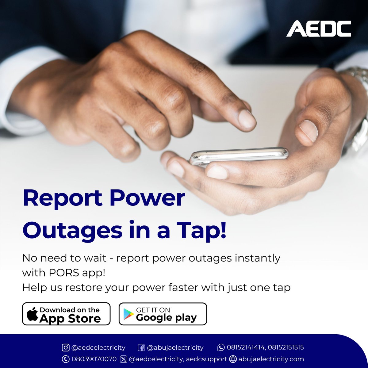 aedcelectricity's tweet photo. Have you downloaded the Power Outage System Reporting(PORS) App yet?
#PORS
#ReportOutage
#PowerofCommitment https://t.co/vsk2lBpIzK