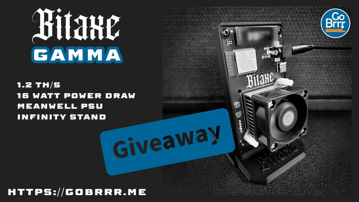 Are you ready to win a #Bitaxe Gamma, anon? 👀

We're going to gift the very first unit we unpack to one lucky winner, together with a 3D-printed stand, a Meanwell PSU and free shipping.

How to join? Follow us, retweet this post and tag a friend who needs a bitaxe in the