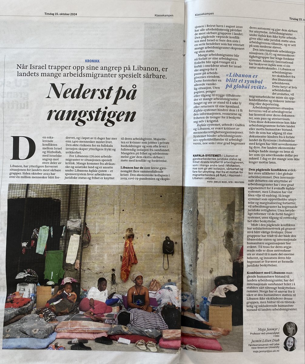 The BEYOND project (@non_signatory) on Twitter photo Read <a href="/MYRMEK/">Maja Janmyr</a> and <a href="/jasminldiab/">Jasmin Lilian Diab</a>'s insightful op-ed on migrant workers in Lebanon, featured in Klassekampen. Read <a href="/MYRMEK/">Maja Janmyr</a> and <a href="/jasminldiab/">Jasmin Lilian Diab</a>'s insightful op-ed on migrant workers in Lebanon, featured in Klassekampen.
