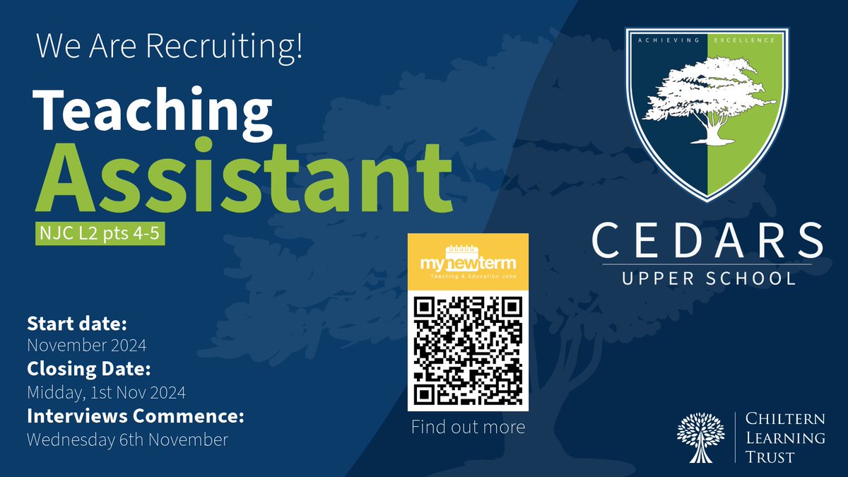 Cedars Upper School (@cedars_upper) on Twitter photo We are recruiting for an enthusiastic Teaching Assistant - for more details, please visit mynewterm mynewterm.com/jobs/137462/ED…
<a href="/ChilternLT/">Chiltern Learning Trust</a> <a href="/mjpGibbs/">Mark Gibbs</a> <a href="/Umara1Qureshi/">Umara</a> We are recruiting for an enthusiastic Teaching Assistant - for more details, please visit mynewterm mynewterm.com/jobs/137462/ED…
<a href="/ChilternLT/">Chiltern Learning Trust</a> <a href="/mjpGibbs/">Mark Gibbs</a> <a href="/Umara1Qureshi/">Umara</a>