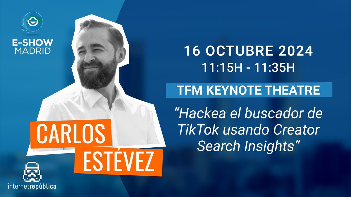 Internet República (@i_republica) on Twitter photo 📲 No te pierdas la ponencia de nuestro COO <a href="/carlosestevez_/">Carlos Estévez</a> en el TFM Keynote Theatre en directo a través de nuestro LinkedIn.
El 16/10 a las 11:15h: "Hackea el buscador de TikTok con Creator Search Insights"
👉🏽 lnkd.in/e2smY-dk 📲 No te pierdas la ponencia de nuestro COO <a href="/carlosestevez_/">Carlos Estévez</a> en el TFM Keynote Theatre en directo a través de nuestro LinkedIn.
El 16/10 a las 11:15h: "Hackea el buscador de TikTok con Creator Search Insights"
👉🏽 lnkd.in/e2smY-dk