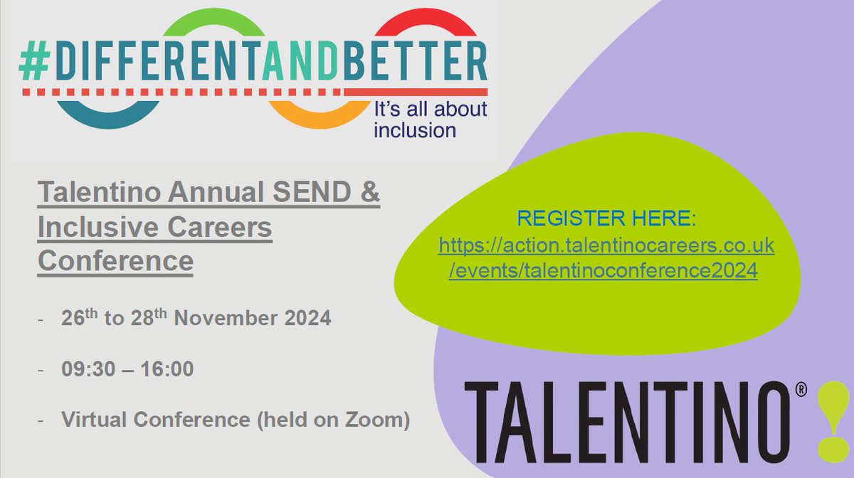 Trotman Publishing (@trotmanindigo) on Twitter photo Enjoyed the 'Big Inclusive SEND Careers Handbook'?Then don’t miss the <a href="/TalentinoCareer/">Talentino!®</a> Conference on 26th-28th Nov!🚀
If the book by Talentino founder Jenny Connick helped you, you'll love the expert-led sessions on inclusive careers.🌟
👉 Register: talentinocareers.co.uk/talentino-conf… Enjoyed the 'Big Inclusive SEND Careers Handbook'?Then don’t miss the <a href="/TalentinoCareer/">Talentino!®</a> Conference on 26th-28th Nov!🚀
If the book by Talentino founder Jenny Connick helped you, you'll love the expert-led sessions on inclusive careers.🌟
👉 Register: talentinocareers.co.uk/talentino-conf…