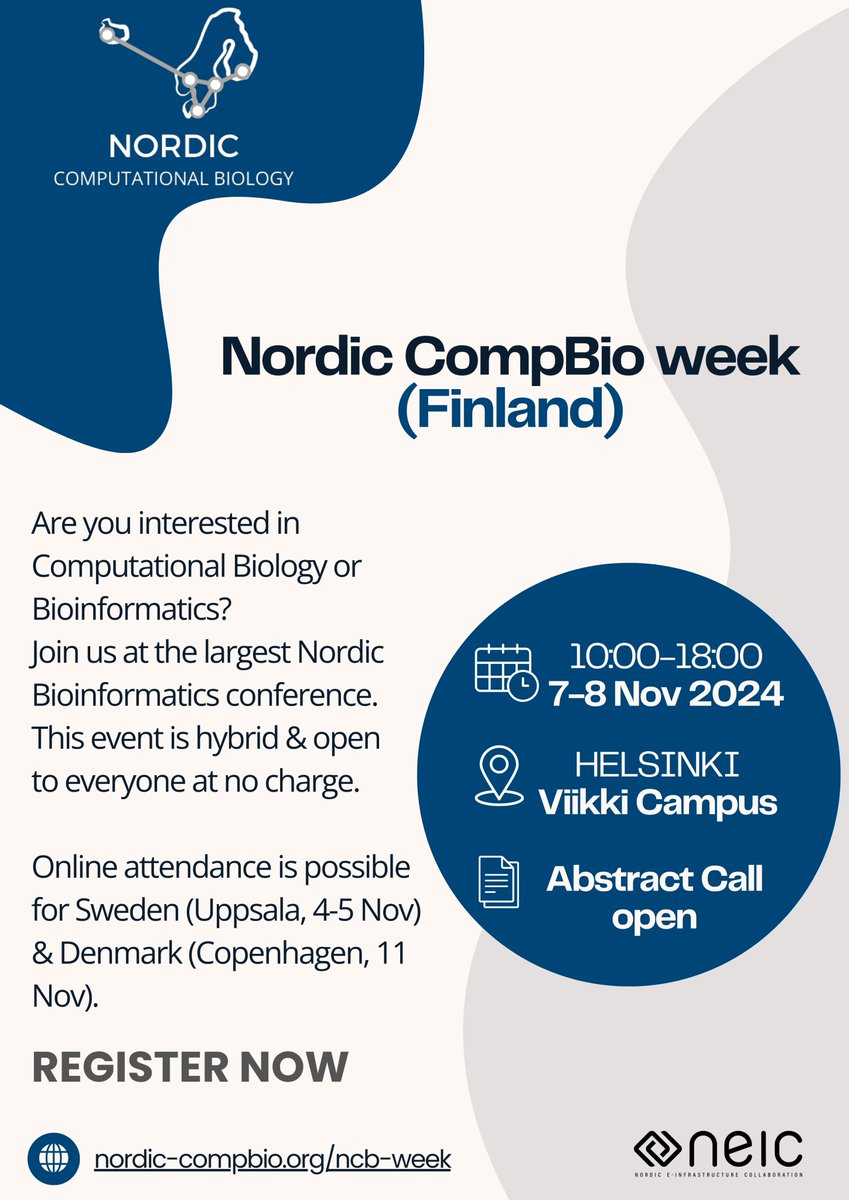 🚨Abstract Submission for NCB week 2024 (Finland) is OPEN!🚨
Calling all bioinformaticians &amp; computational biologists! Share your research in Helsinki this November!🌟
🗓️ Submit: 20th Oct 2024
📍 Event: 7-8 Nov | Hybrid
🔗nordic-compbio.org/ncb-week
#Bioinformatics #CompBio #Finland