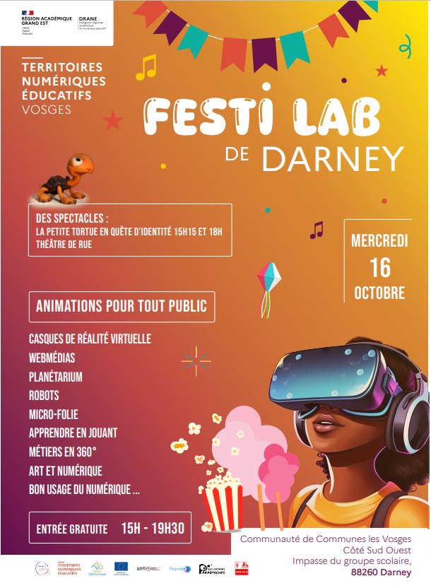 FESTI'LAB, laboratoire numérique, DARNEY, rendez-vous demain 15h-19h30
Spectacles, Planetarium🚀Microfolie, ENT, Webmédias, #BUN, Drônes, Parentalité, ressources <a href="/reseau_canope/">Réseau Canopé</a>...
#CD88
<a href="/dane_nancy_metz/">DRANE Nancy-Metz</a>
<a href="/ERUN88Vosges/">Erun88</a>
📷Gratuit, ouvert à tous 😀
urlr.me/jth5Y