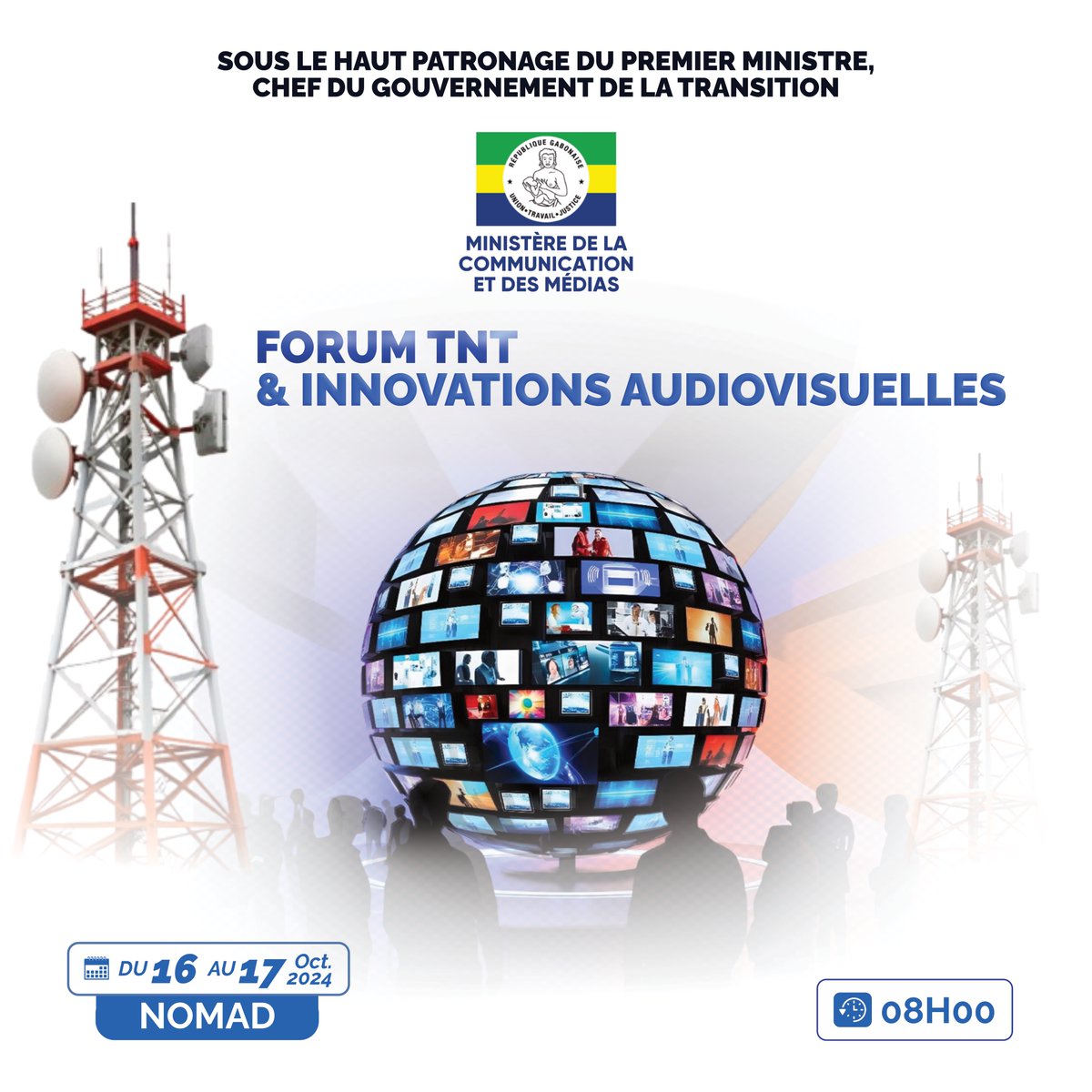 Sous le Haut Patronage du Premier Ministre, Chef du Gouvernement de la Transition, Monsieur Raymond Ndong Sima, le MCM organise le Forum TNT et Innovations audiovisuels du 16 au 17 Octobre 2024 à l’Hôtel Nomad en collaboration avec l’opérateur AUCOM et ses sociétés partenaires.