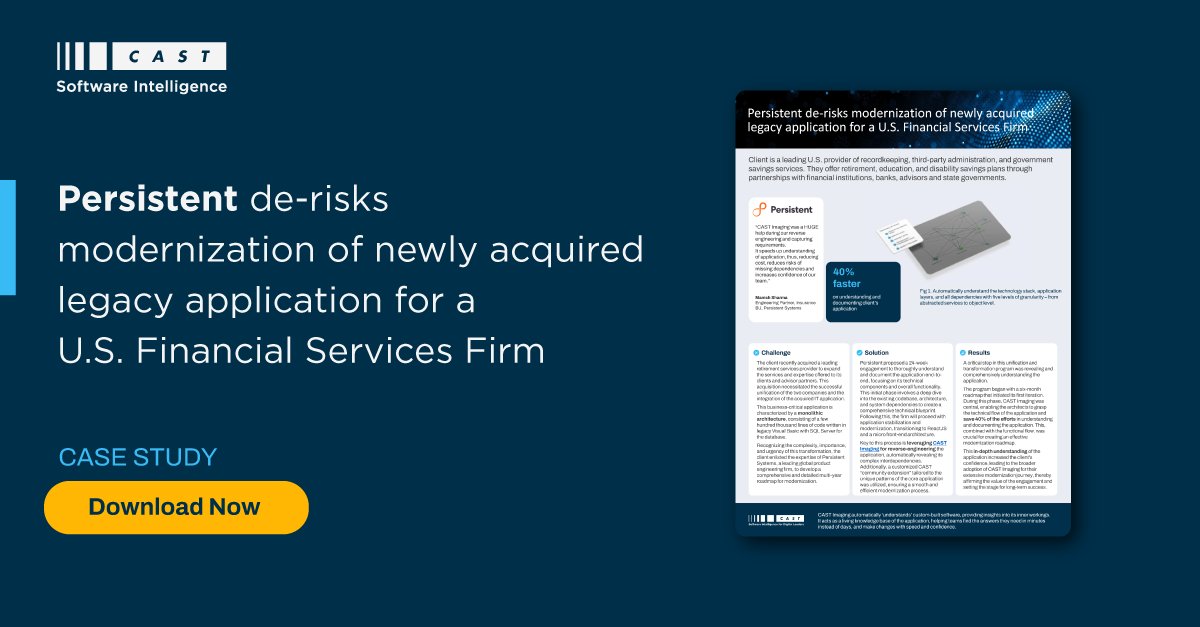 SW_Intelligence's tweet image. Discover how @PersistentSys de-risks modernizing a legacy app for a U.S. Financial Services Firm. Using CAST Imaging, they cut the effort to understand and document the codebase by 40%.
hubs.la/Q02Td4P50
#LegacyModernization #SoftwareIntelligence