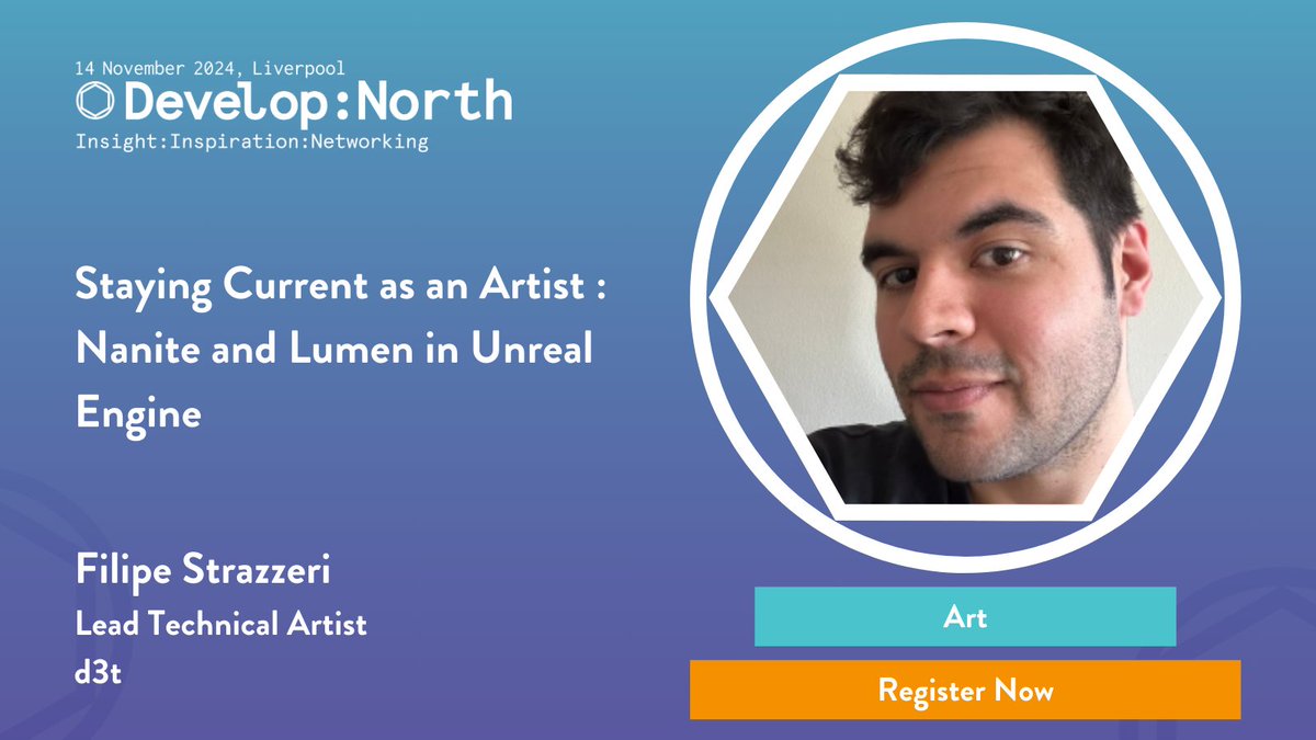 developconf's tweet image. Artists won't want to miss Filipe Strazzeri from @d3tLtd sharing his invaluable insights on staying technologically   current as an artist. Join Filipe in exploring the what, why and how of Nanite and Lumen to streamline and improve workflows. #DevelopNorth