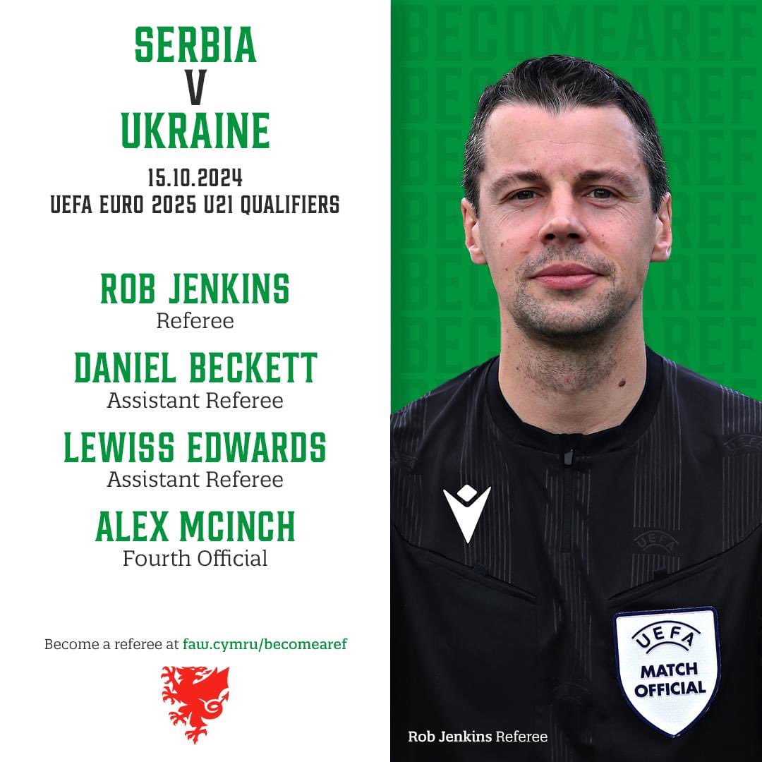 🏆 UEFA EURO 2025 U21 Qualifying Appointment

Congratulations to society member Alex McInch on his appointment as fourth official as <a href="/FSSrbije/">Fudbalski savez Srbije | FA of Serbia</a> U21s take on <a href="/Ukraine/">Ukraine / Україна</a> U21s in EURO 2025 qualification action. 

Good luck to all our Welsh refereeing colleagues in Serbia today! 🏆✈️