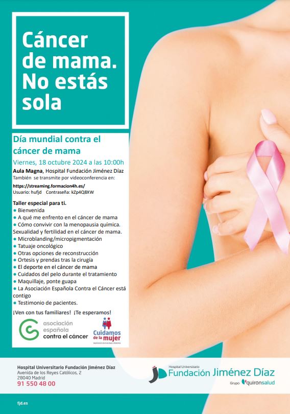 #Agenda📅 Con motivo del #DíaMundialDelCáncerDeMama, celebraremos este viernes una nueva edición del taller "No estás sola". Asiste presencialmente en el Aula Magna a las 10:00h. o síguelo en i.mtr.cool/jbceyfgzjj con el usuario "hufjd" y la contraseña "kZp4Q8XW"