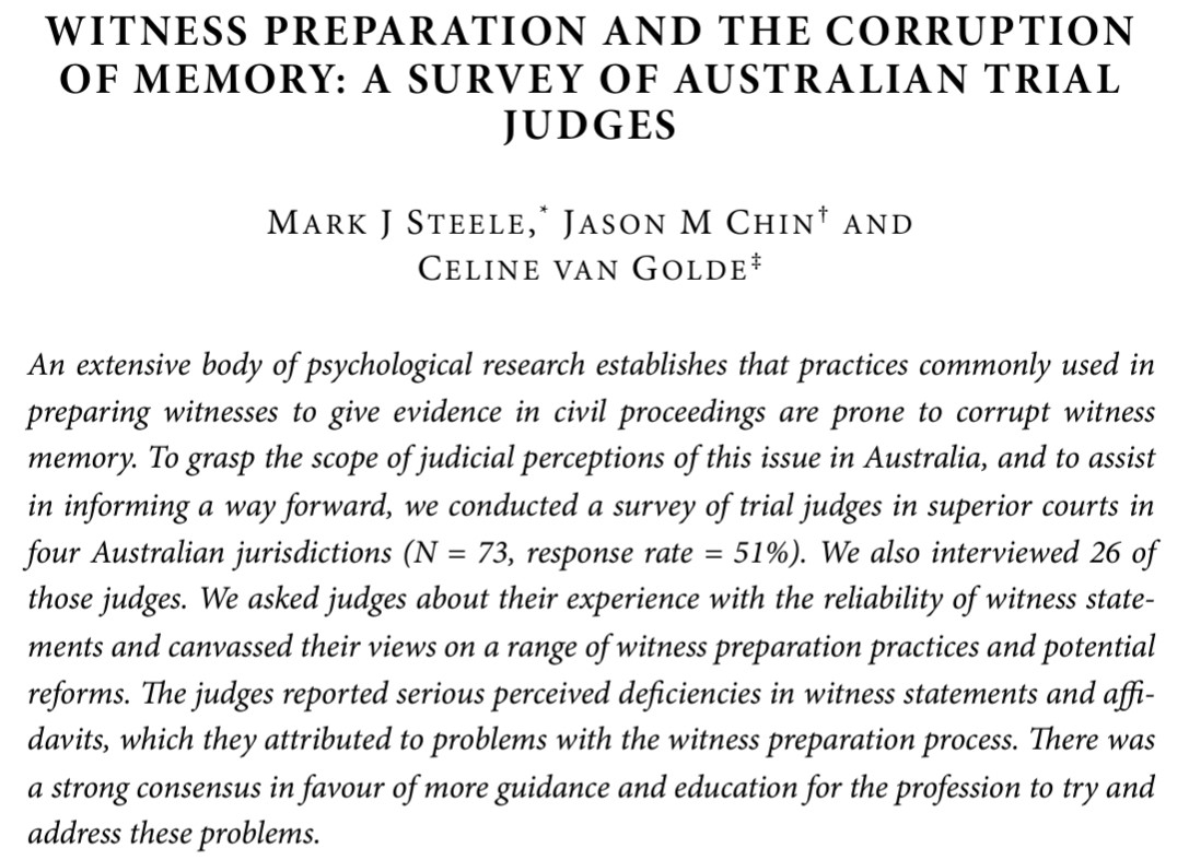 ISSUE 48(1): Mark Steele SC, Dr Jason Chin (<a href="/socpsychupdate/">Jason Chin</a>) and Dr Celine van Golde (<a href="/celinevangolde/">Celine van Golde</a>) report on the views of Australian trial judges on a range of witness preparation practices and potential reforms.
law.unimelb.edu.au/__data/assets/…