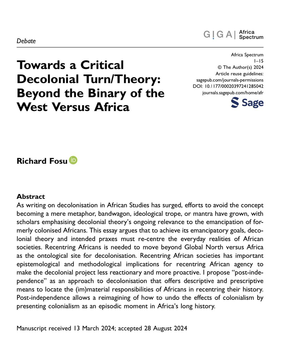 Richard Fosu, PhD (@kmfosu) on Twitter photo 🚨 Publication alert🚨 I propose post-independence as an approach to apprehend African agency to move beyond reactionary #decolonisation / #decoloniality. It is published open access in <a href="/AfricaSpectrum/">Africa Spectrum</a> linked here journals.sagepub.com/doi/10.1177/00… 🚨 Publication alert🚨 I propose post-independence as an approach to apprehend African agency to move beyond reactionary #decolonisation / #decoloniality. It is published open access in <a href="/AfricaSpectrum/">Africa Spectrum</a> linked here journals.sagepub.com/doi/10.1177/00…