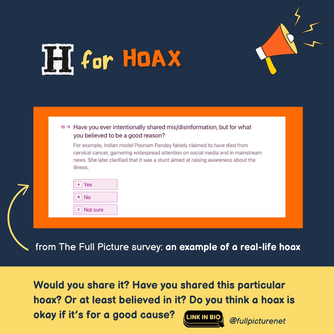 fullpicturenet's tweet photo. 🚀 H for HOAX 🚀 #TheFullPicture

👁️ What is it?
👁️ How is it used for misinformation?
👁️ What can you do to check against it?

SWIPE till the end for a quick peek into our quiz! (link in bio)

#AtoZ #InformationPollution https://t.co/FwtWRLa40R
