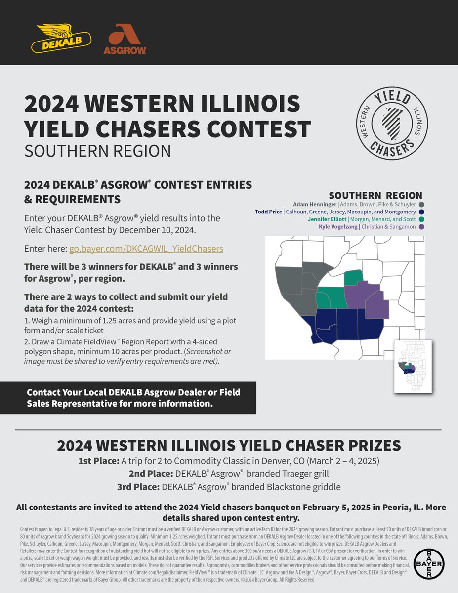Harvest is in FULL swing (even wrapped up for some...) we wanted to take a moment to remind folks of our 3rd Annual Western Illinois Yield Chasers Contest.

There will be 3 contests this year!. Please check your local entry flyer for specific details.

go.bayer.com/DKCAGWIL_Yield…